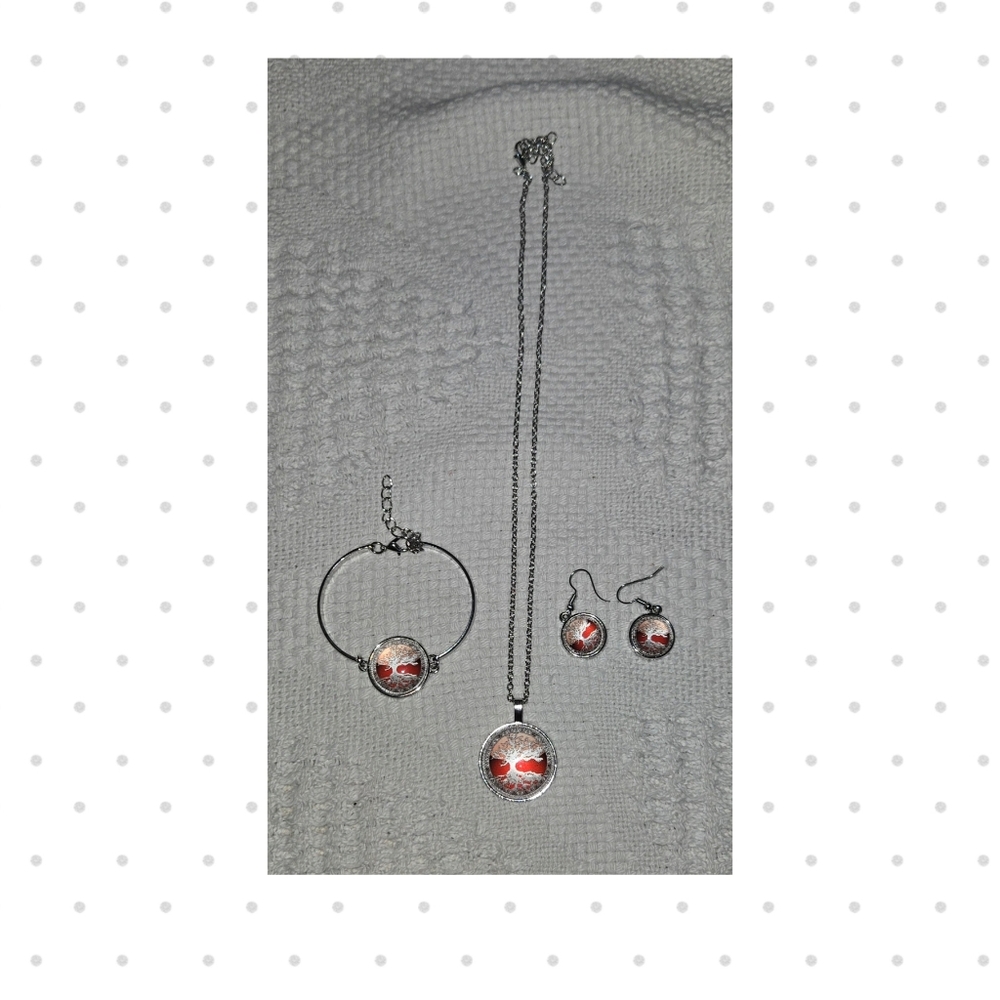 Silver & Red Tree Of Life Jewelry Set